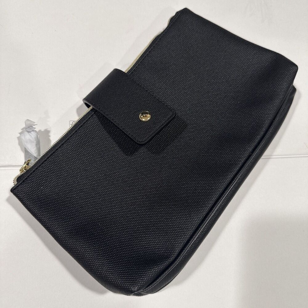 LANCOME Black Double-Zip Makeup Bag With Snap New